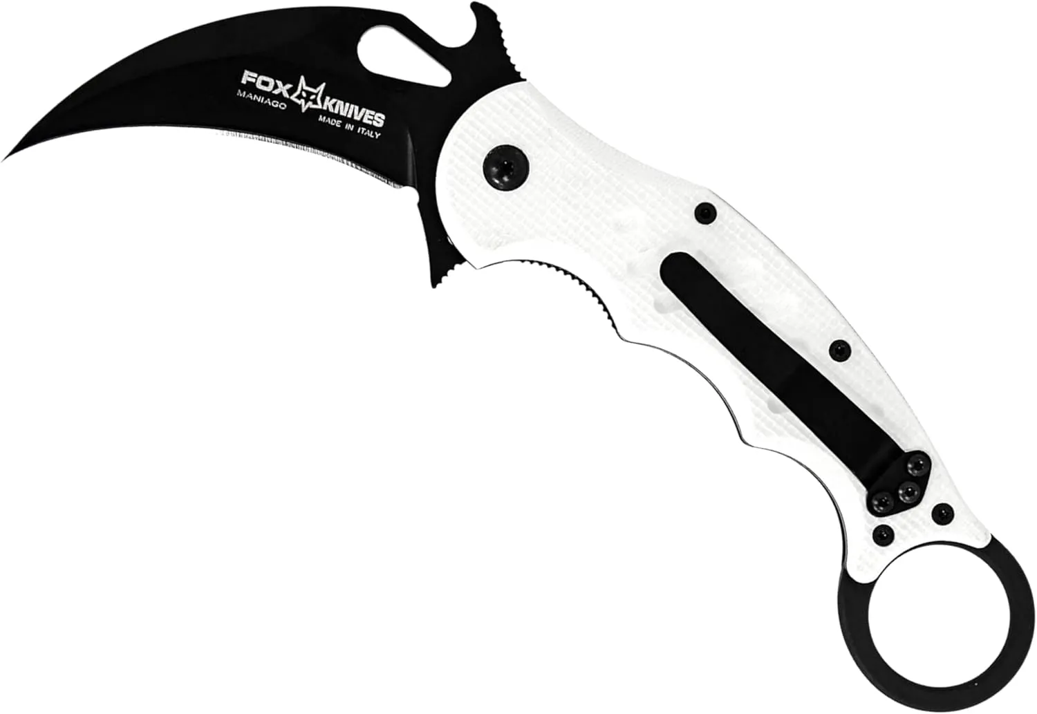 Fox Knives 479 W G10 White Emerson Wave Folding Karambit, One-Handed Deployment, N690 Blade, Black Idroglider Finish, Liner Lock, Pocket Clip