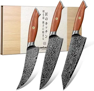 Freelander Damascus Knife Set 8.5 inch, 8.3 inch Chef Knives with 6.1 inch Viking Knife, VG10 Core, 67 Layer Steel, Walnut Handles, Full Tang, Gift Boxed for Kitchen and Outdoor Use