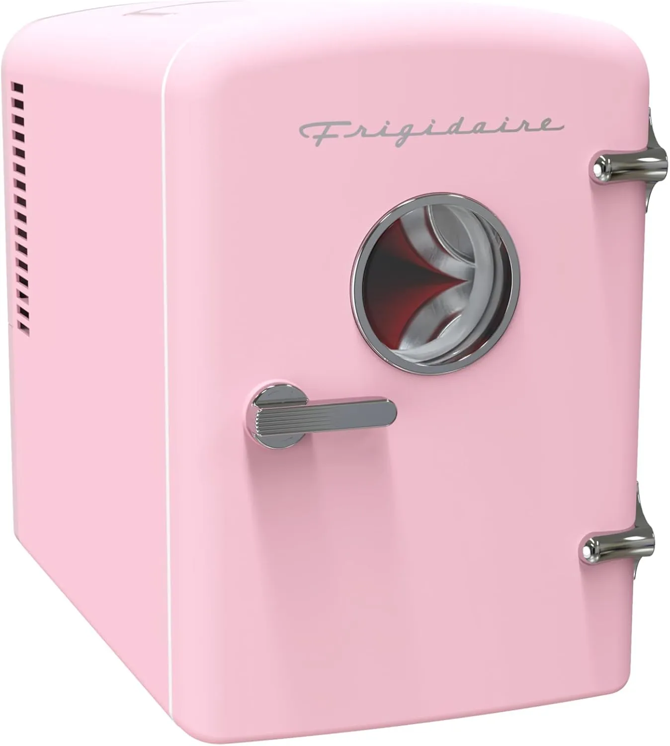 Frigidaire Retro Mini Personal Fridge Cooler, Holds up to 9 Cans, Portable for Car, Office, Bedroom, Dorm Room, or Cabin, Includes 110V AC and 12V DC cords - 11.8"D x 7.1"W x 10.1"H, Pink