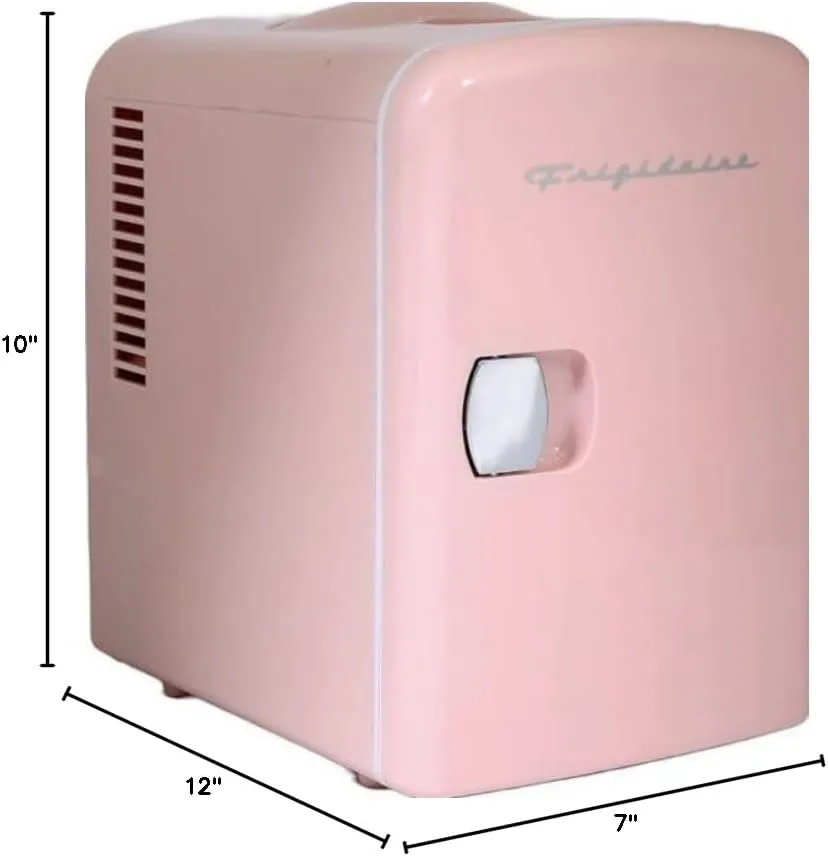 Frigidaire Retro Mini Personal Fridge Cooler, Holds up to 9 Cans, Portable for Car, Office, Bedroom, Dorm Room, or Cabin, Includes 110V AC and 12V DC cords - 11.8"D x 7.1"W x 10.1"H, Pink