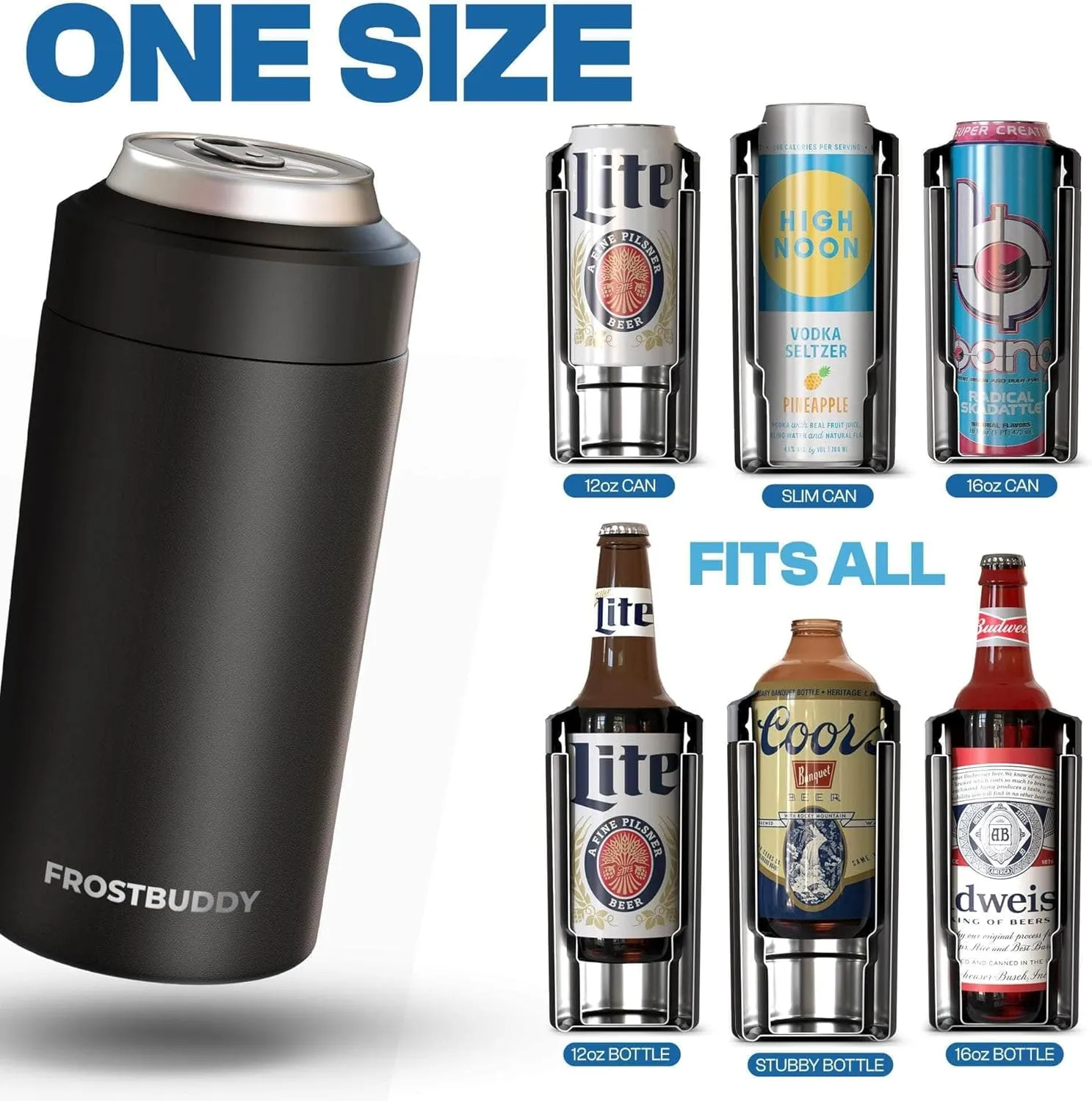 Frost Buddy Universal Buddy Can Cooler - Fits All - For Regular 12 & 16 oz or Slim-Size Bottles - Insulated Double-Walled Stainless Steel (Texastea)