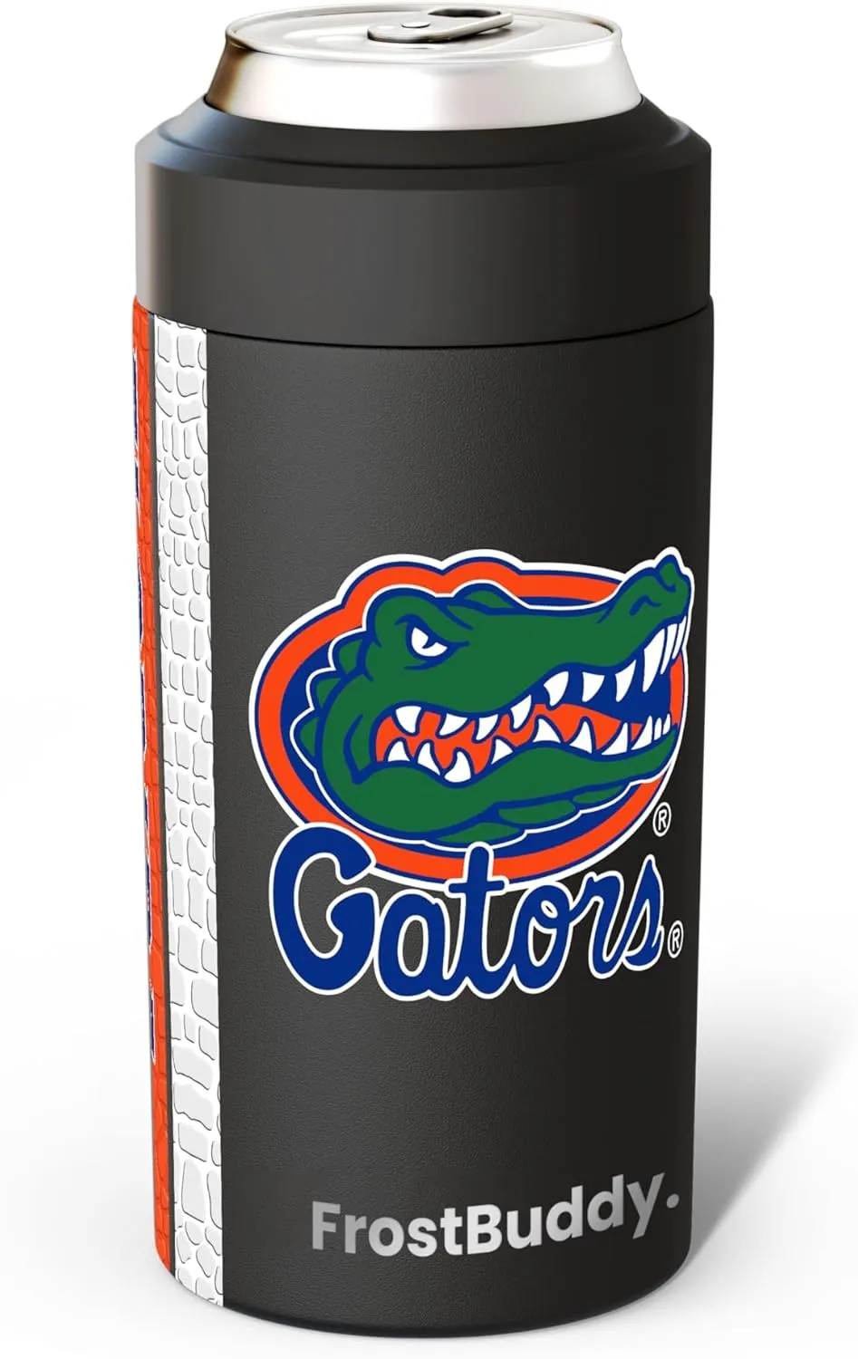 Frost Buddy Universal Can Cooler - Fits all - Stainless Steel Can Cooler for 12 oz & 16 oz Regular or Slim Cans & Bottles - Stainless Steel (Florida Gators - Black)