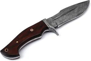 Full Tang Handmade Damascus Hunting Knife - Rose Wood Handle - Fixed Blade Knife with Leather Sheath-Camping Knife Ideal Gift for Men