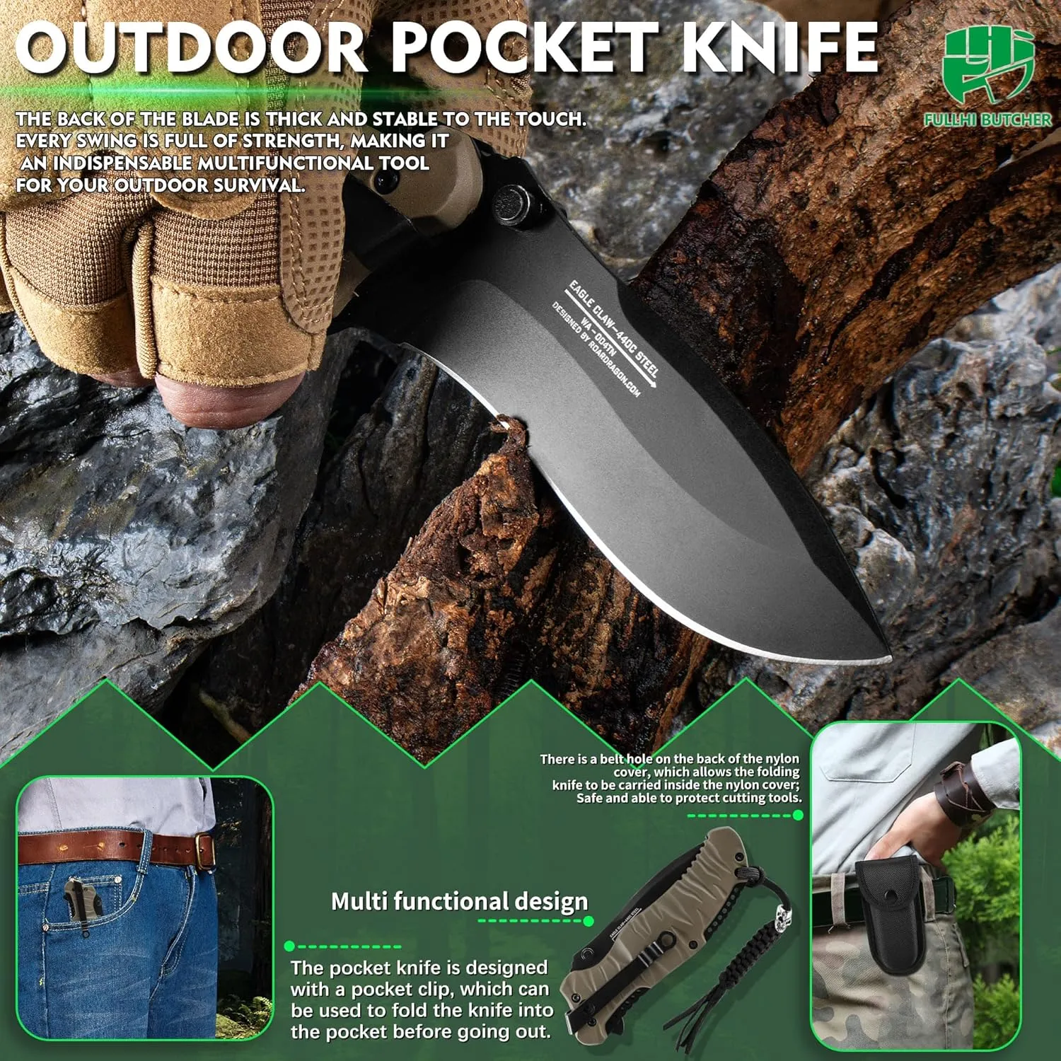 FULLHI 3.4" EDC Folding Pocket Knife With Nylon Pouch&Lanyard,440C Steel Blade, PP TPR Handle with Pocket Clip Sharp Camping Survival Hiking Knives for Men, Women