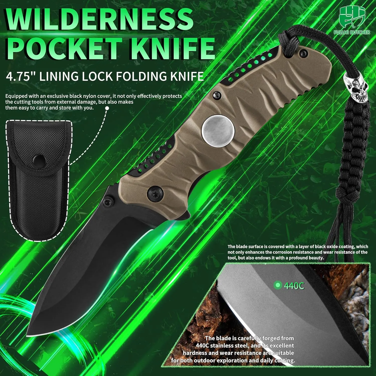 FULLHI 3.4" EDC Folding Pocket Knife With Nylon Pouch&Lanyard,440C Steel Blade, PP TPR Handle with Pocket Clip Sharp Camping Survival Hiking Knives for Men, Women