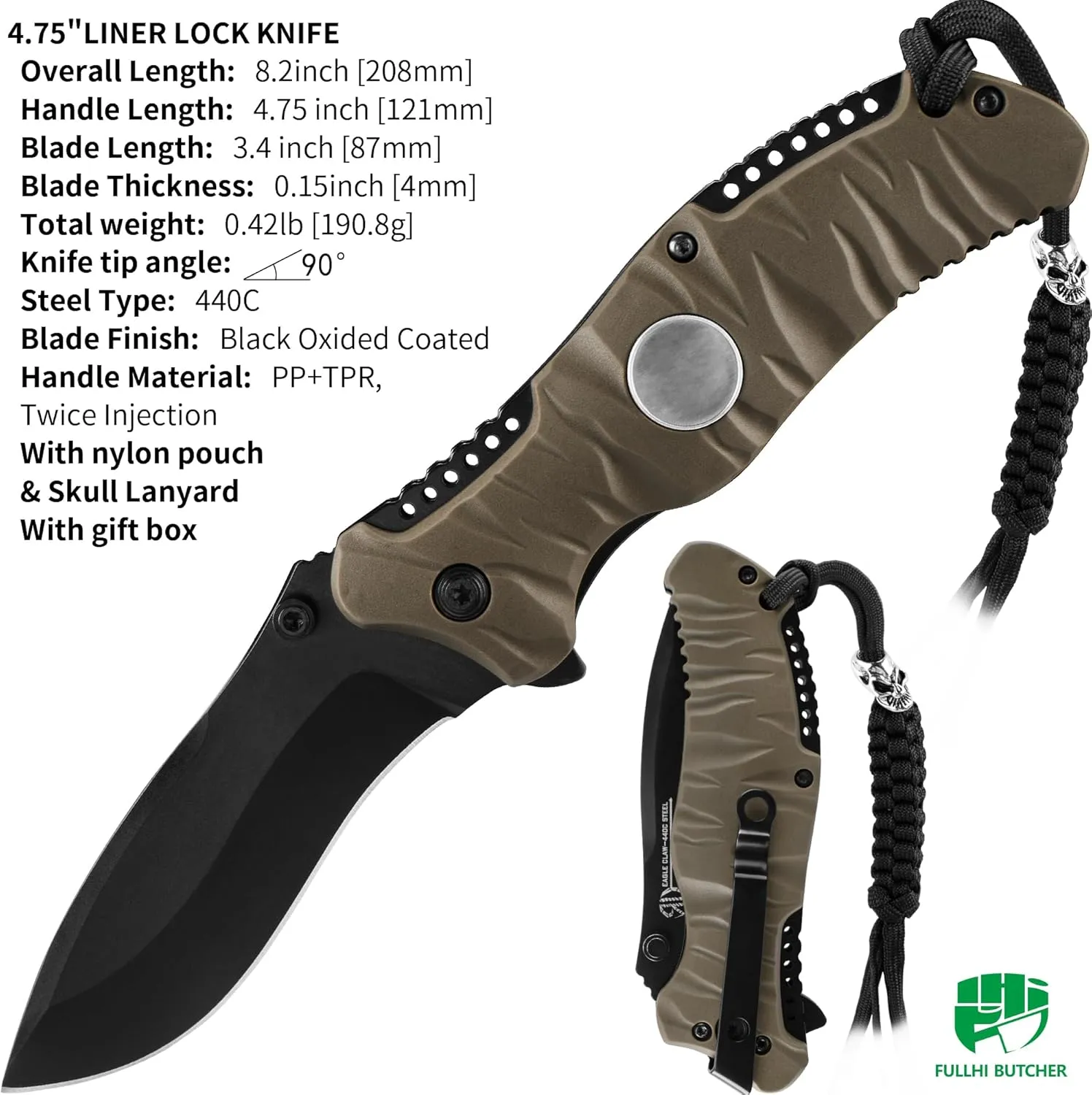 FULLHI 3.4" EDC Folding Pocket Knife With Nylon Pouch&Lanyard,440C Steel Blade, PP TPR Handle with Pocket Clip Sharp Camping Survival Hiking Knives for Men, Women