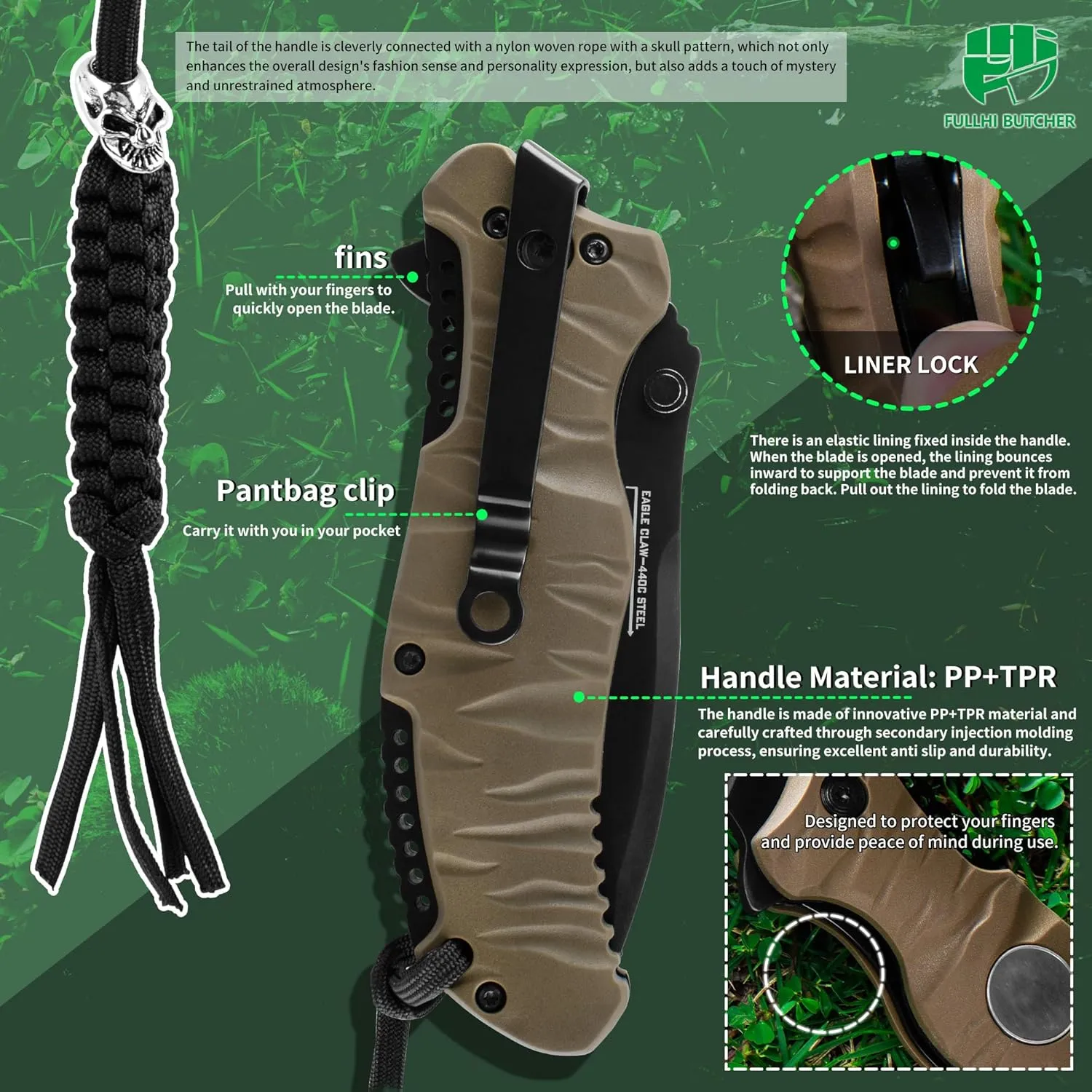 FULLHI 3.4" EDC Folding Pocket Knife With Nylon Pouch&Lanyard,440C Steel Blade, PP TPR Handle with Pocket Clip Sharp Camping Survival Hiking Knives for Men, Women