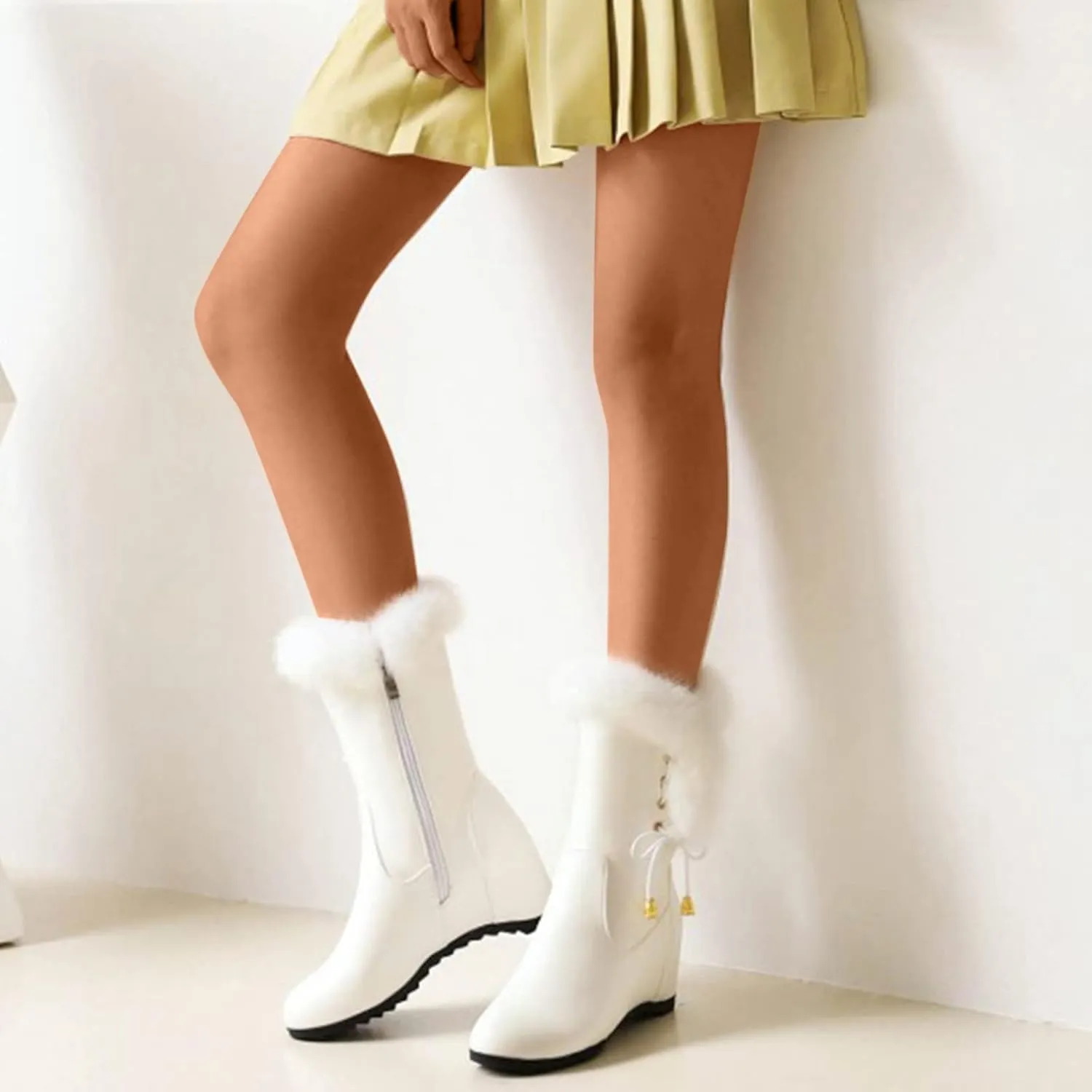 Furry Boots For Women Wedge Ankle Booties Side Zipper Winter Boots Fur Lined Warm Snow Booties Non Slip Short Boots