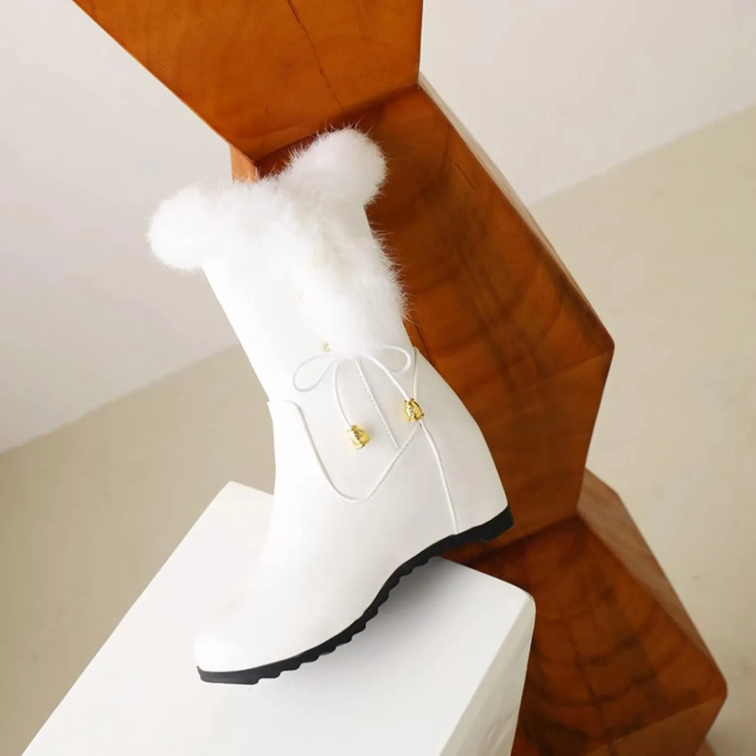 Furry Boots For Women Wedge Ankle Booties Side Zipper Winter Boots Fur Lined Warm Snow Booties Non Slip Short Boots