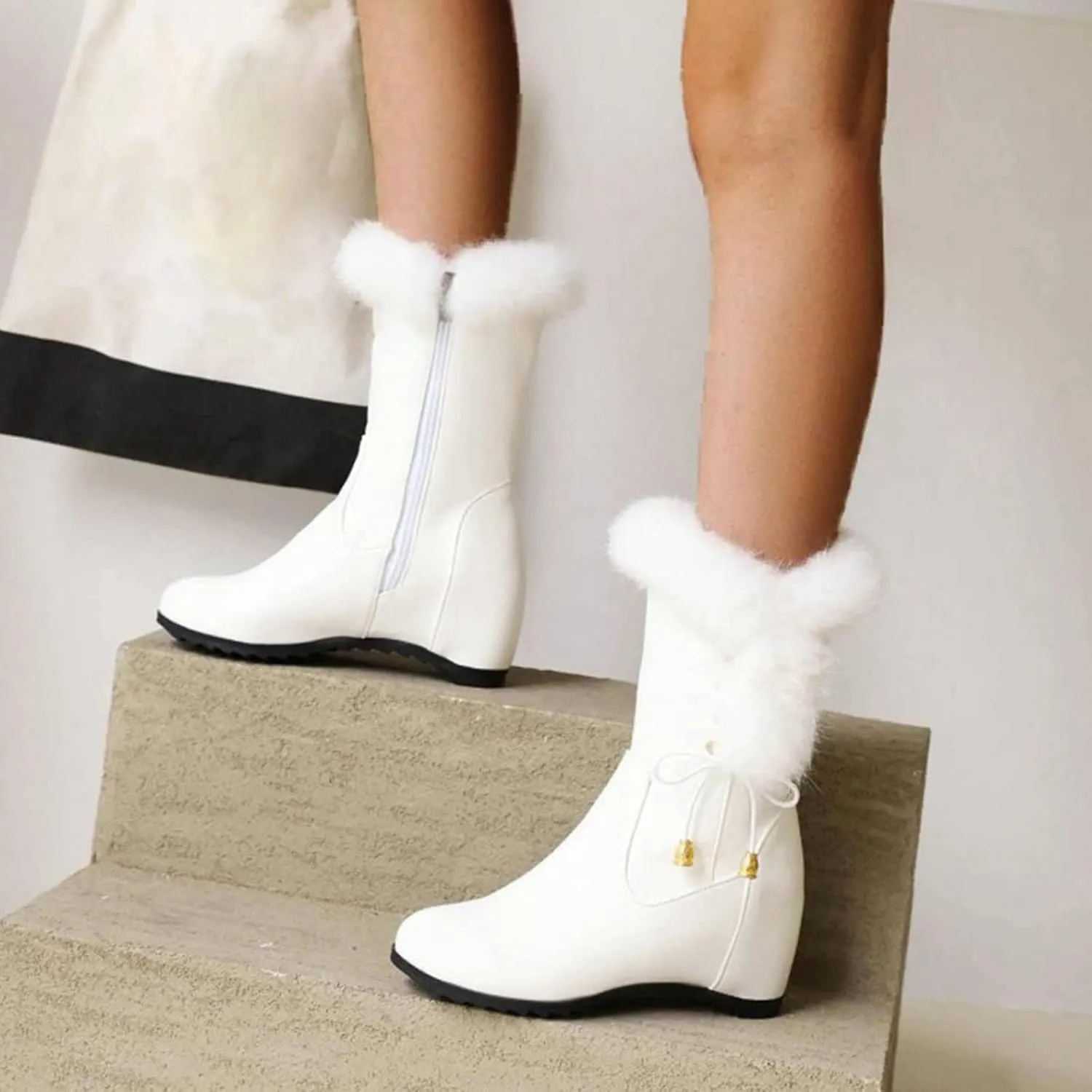 Furry Boots For Women Wedge Ankle Booties Side Zipper Winter Boots Fur Lined Warm Snow Booties Non Slip Short Boots