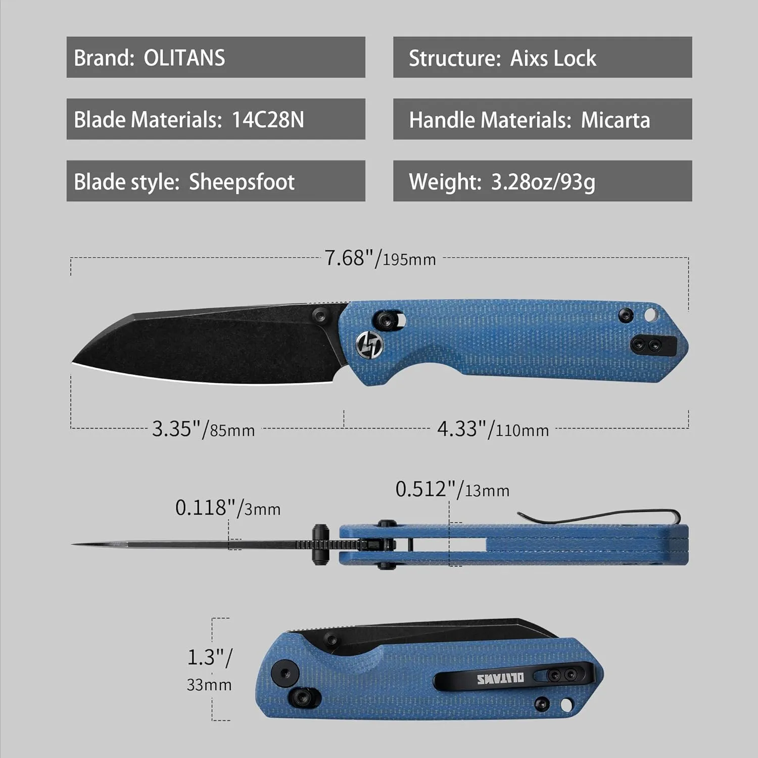 G062 Folding Knife for EDC, 14C28N Steel Blade Pocket knife, Crossbar Lock Knife for Outdoor, Survival, Hunting and Camping, 3.28oz（Micarta Blue Black Coating）