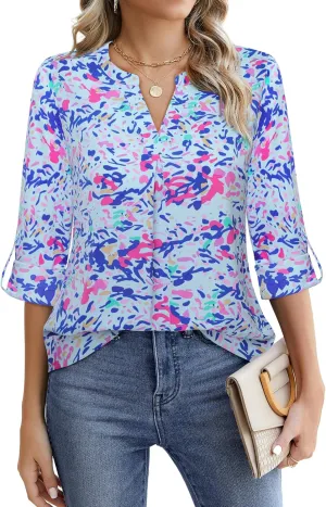 Gaharu Women's Blouses 3/4 Sleeve Work Shirt Chiffon Tunic Top Office Wear