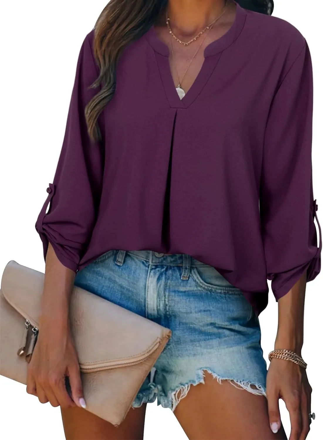 Gaharu Women's Blouses 3/4 Sleeve Work Shirt Chiffon Tunic Top Office Wear