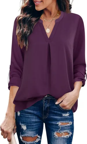 Gaharu Women's Blouses 3/4 Sleeve Work Shirt Chiffon Tunic Top Office Wear