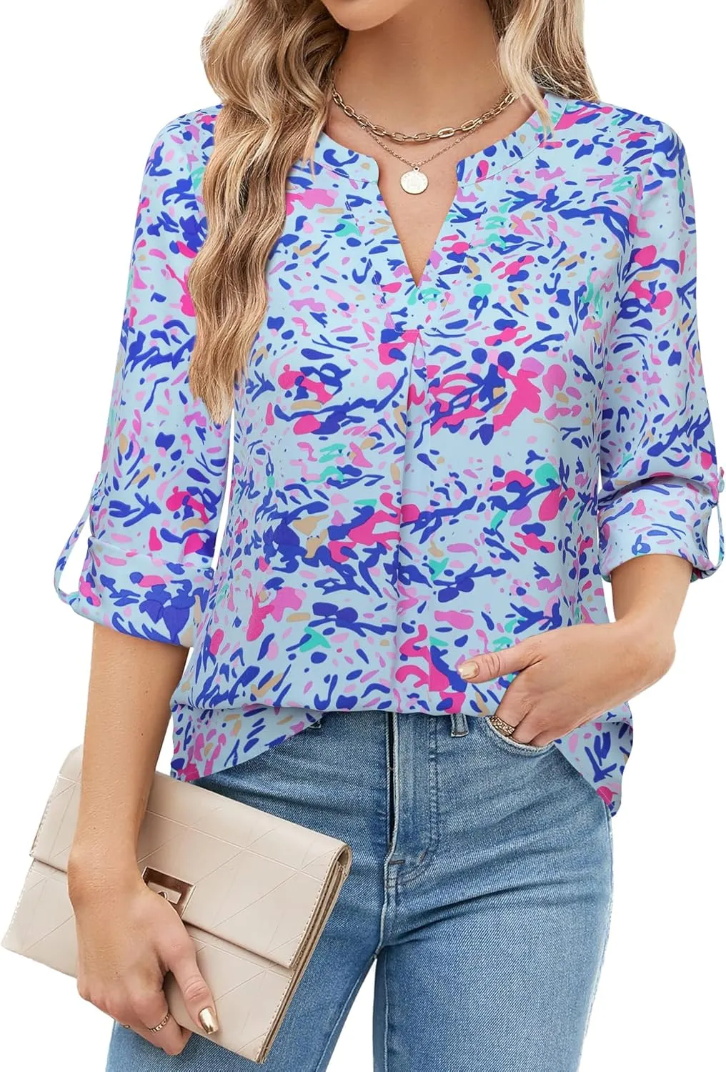 Gaharu Women's Blouses 3/4 Sleeve Work Shirt Chiffon Tunic Top Office Wear