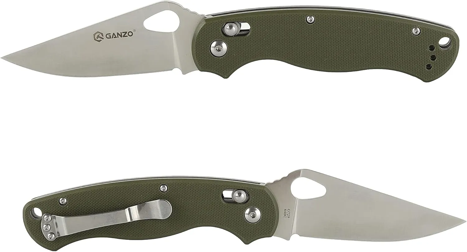Ganzo G729-GR Folding Pocket Knife, 440C Stainless Steel Blade, Ergonomic G10 Non-Slip Handle with Clip, Hunting, Fishing, Camping, Folder, Axis Lock, Outdoor EDC Knife (Green)