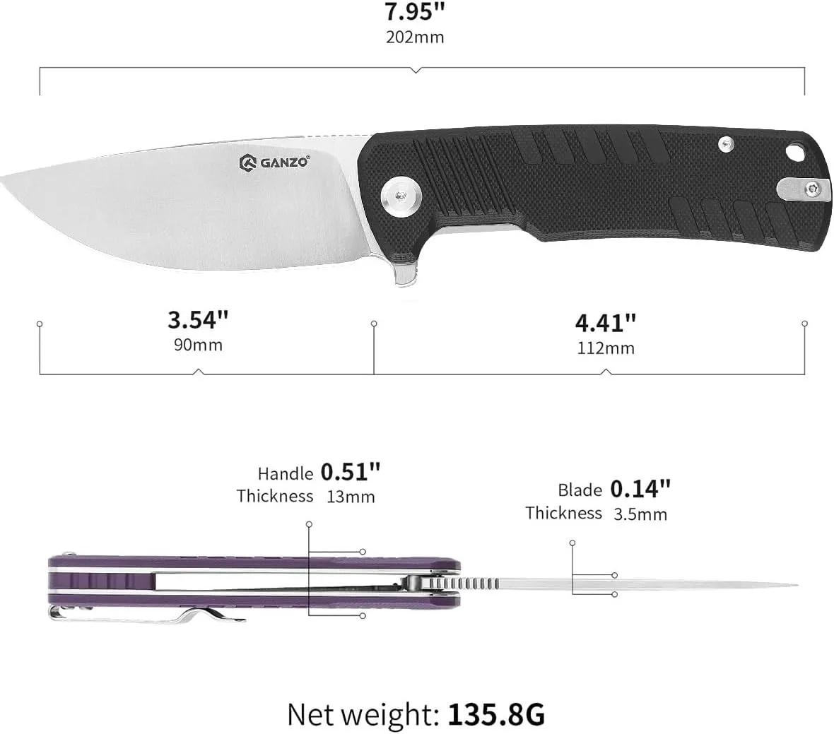 Ganzo G769-BK EDC Folding Pocket Knife Razor Sharp D2 Stainless Steel Blade G10 Handle with Clip Outdoor Hunting Fishing Hiking Folder Best Gift for Men (Black)
