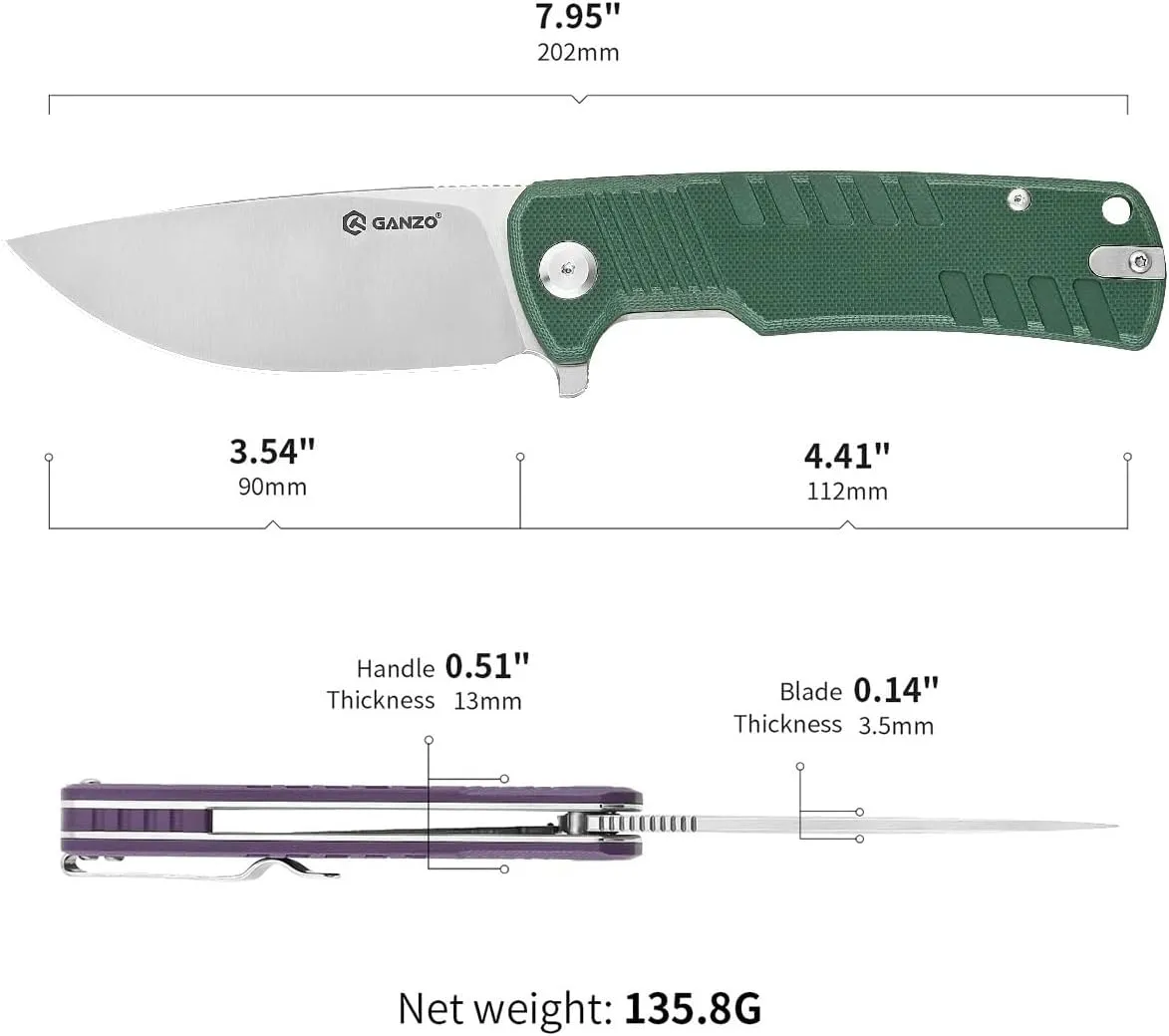 Ganzo G769-GR Folding Pocket Knife Razor Sharp D2 Stainless Steel Blade G10 Anti-Slip Handle with Clip Outdoor Hunting Fishing Hiking EDC Folder Best Gift for Men (Green)