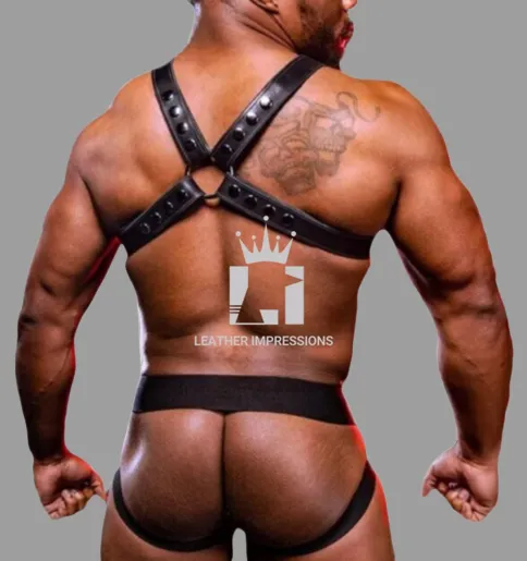 Gay Genuine Leather Harness with Elastic Jockstrap
