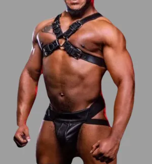 Gay Genuine Leather Harness with Elastic Jockstrap