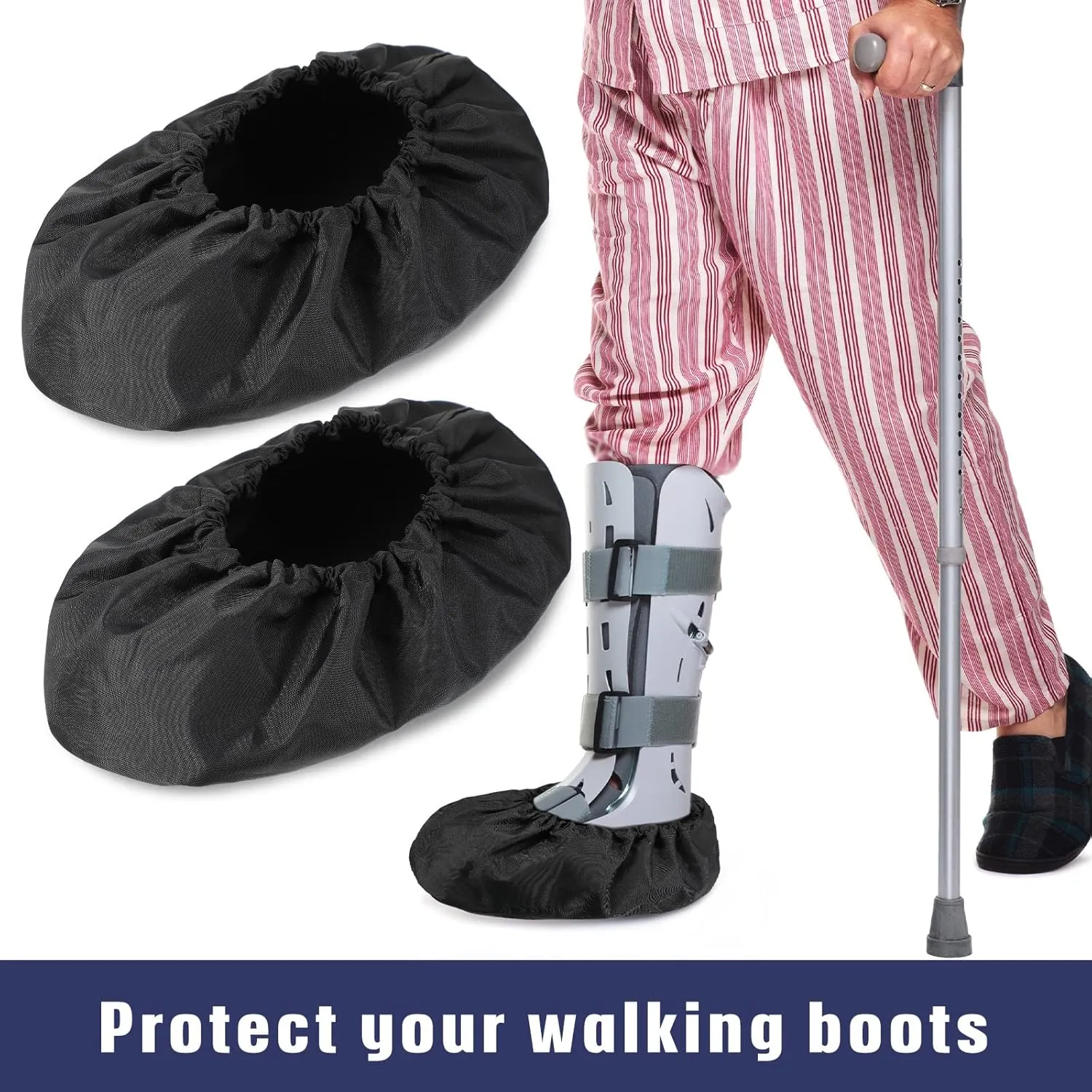Geyoga 2 Pcs Fracture Walking Boot Cover Oxford Cloth Non Slip Reusable Shoe Covers for Non Skid Foot Brace Recovery Shoes Covers with Rubber Sole(Large,Black)