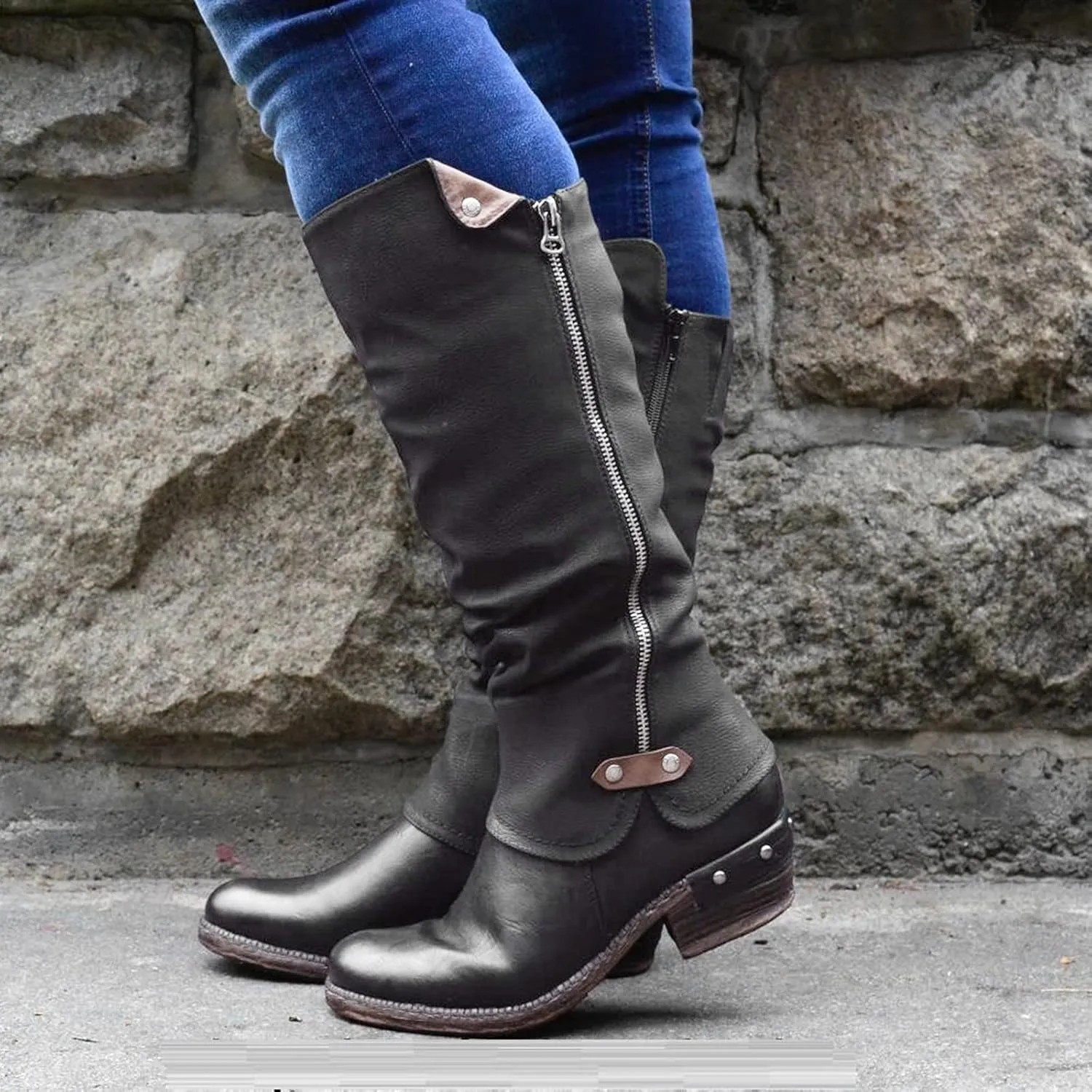 Gibobby Cowboy Boots for Women Low Heel Womens Wedge Ankle Boots V Cut Chunky Heels Tassels Side Zipper Booties 52