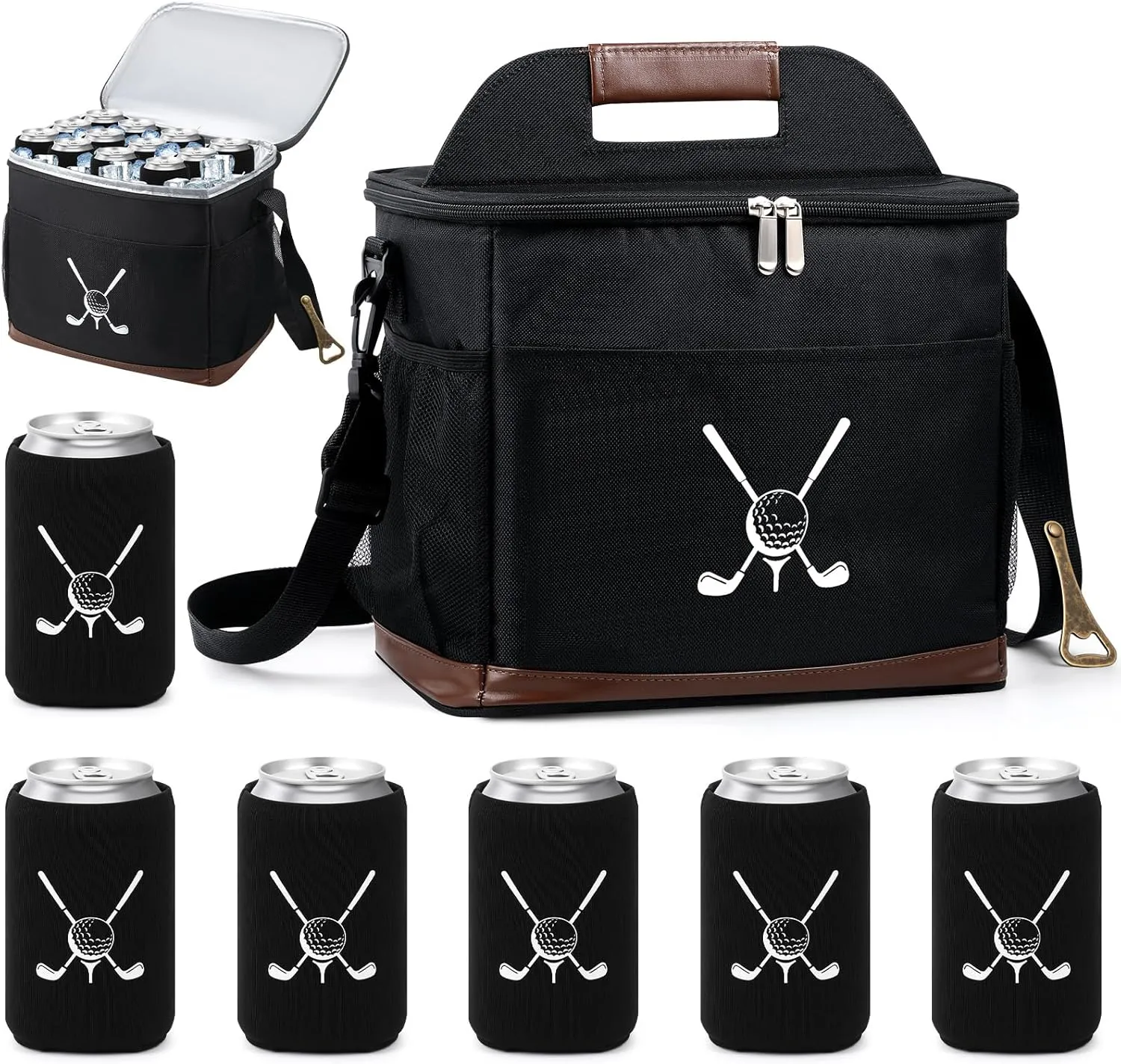Golf Cart Cooler Bag Insulated with 6 Beer Can Sleeves 24 Can Large Foldable Leakproof Soft Cooler Bag with Bottle Opener Ice Cooling Holds for Golf Cart