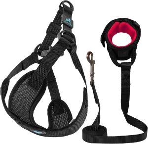 Gooby Comfort X Step in Lite Harness and Mesh Wristband Surfer Leash Set - Black, Small, 6 FT - Choke Free and Escape Free Dog Harness with Light Breathable Mesh and Comfortable Mesh Hands Free Leash