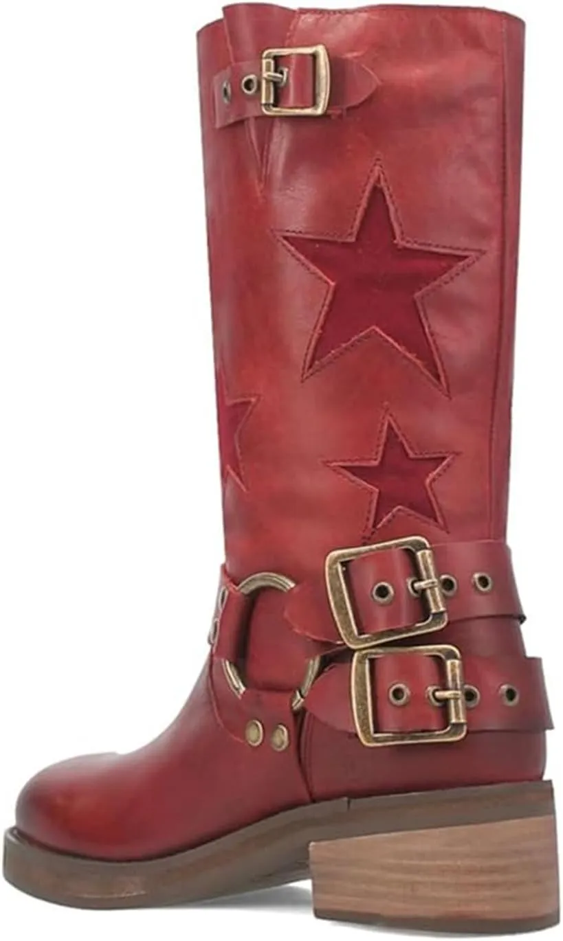 Goolita Buckle Biker Boots Women Square Toe Chunky Heel Star Moto Mid Calf Boots Slip On Motorcycle Riding Boot