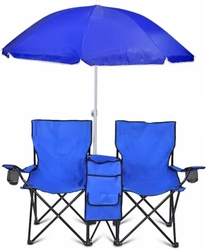 GoTEAM! Portable 2-Seat Folding Camp Chair with Cooler, Umbrella & Cup Holders – Outdoor Picnic, Beach, or Tailgate Seating – Carry Case Included (Royal Blue)