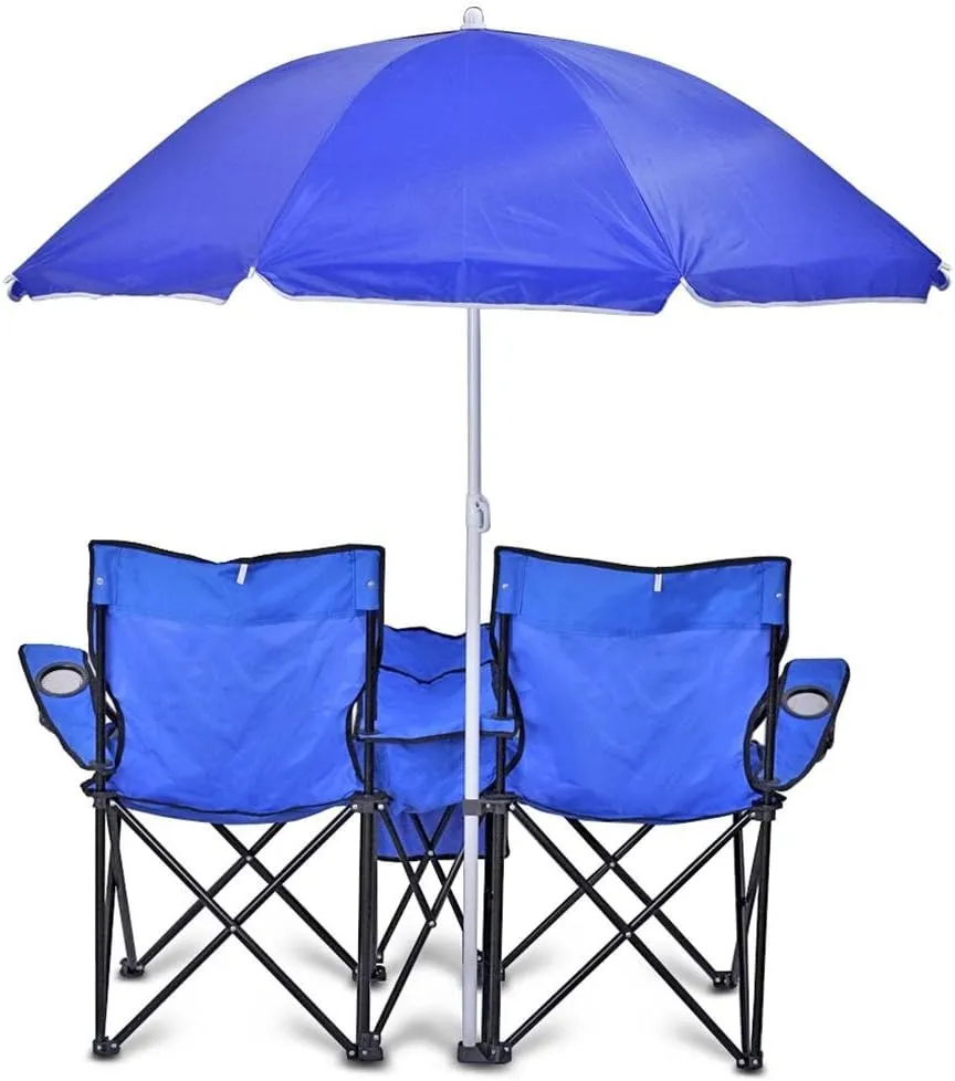 GoTEAM! Portable 2-Seat Folding Camp Chair with Cooler, Umbrella & Cup Holders – Outdoor Picnic, Beach, or Tailgate Seating – Carry Case Included (Royal Blue)