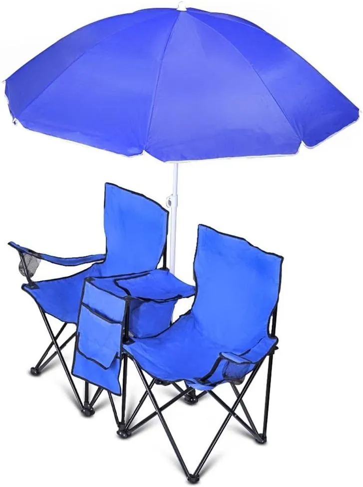 GoTEAM! Portable 2-Seat Folding Camp Chair with Cooler, Umbrella & Cup Holders – Outdoor Picnic, Beach, or Tailgate Seating – Carry Case Included (Royal Blue)
