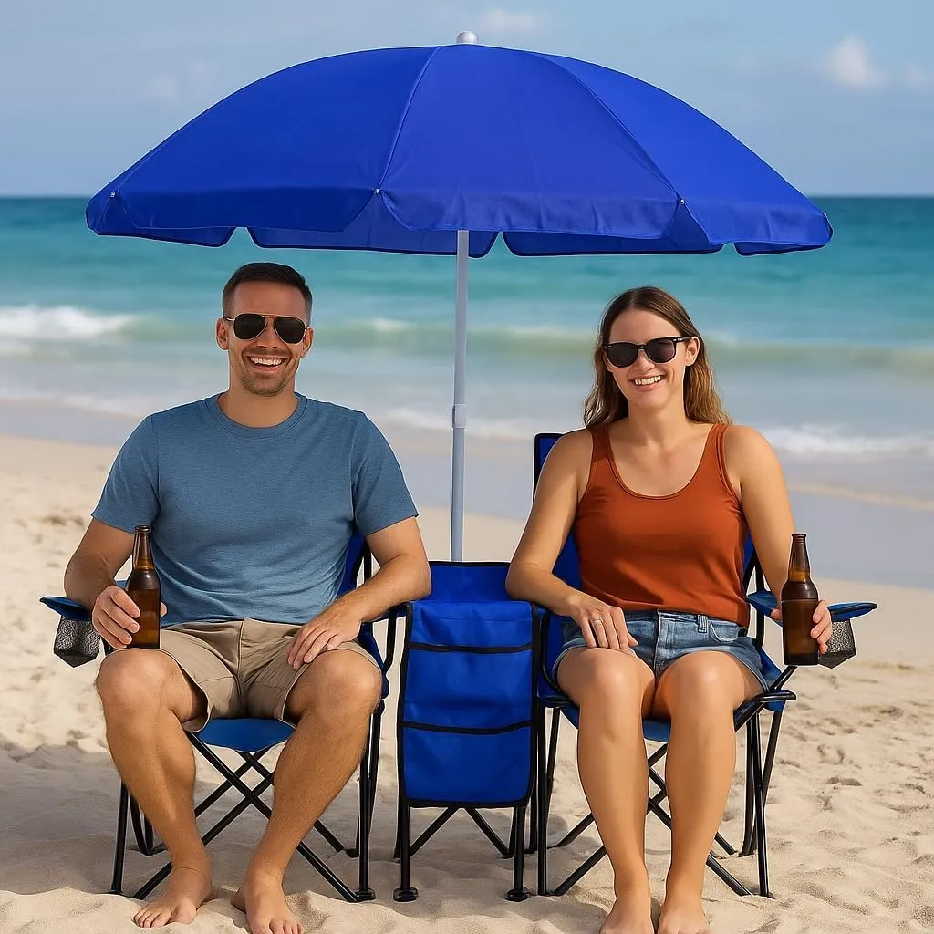 GoTEAM! Portable 2-Seat Folding Camp Chair with Cooler, Umbrella & Cup Holders – Outdoor Picnic, Beach, or Tailgate Seating – Carry Case Included (Royal Blue)