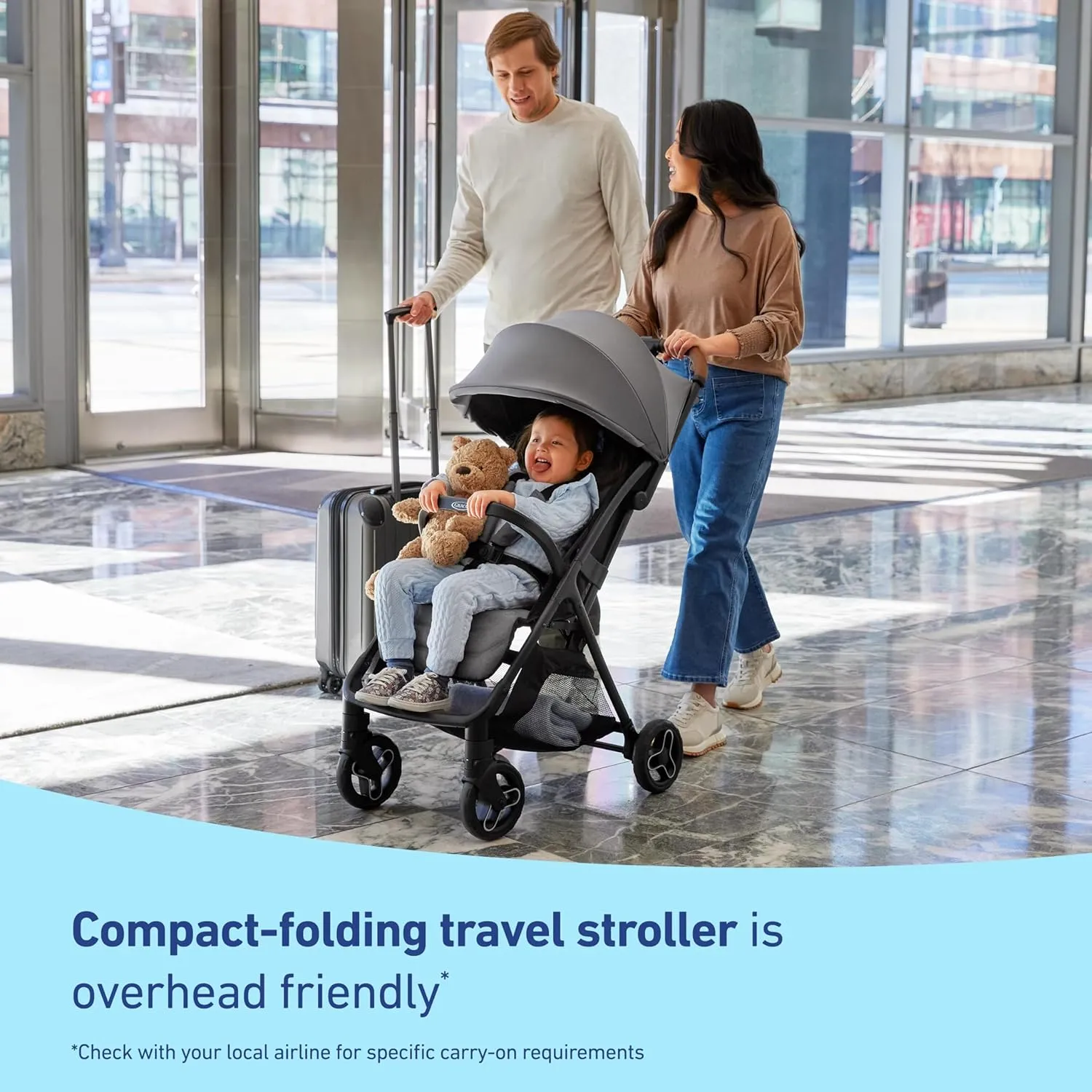 Graco Ready2Jet Compact Stroller – Overhead Friendly Compact Travel Stroller with Automatic Fold, Geo Pop