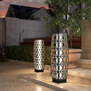 Grand patio 2-Piece Outdoor Solar-Powered Woven Wicker Lantern Floor Lamp Decoration for Deck Garden Lawn Porch - Medium Cindy, Silver Gray