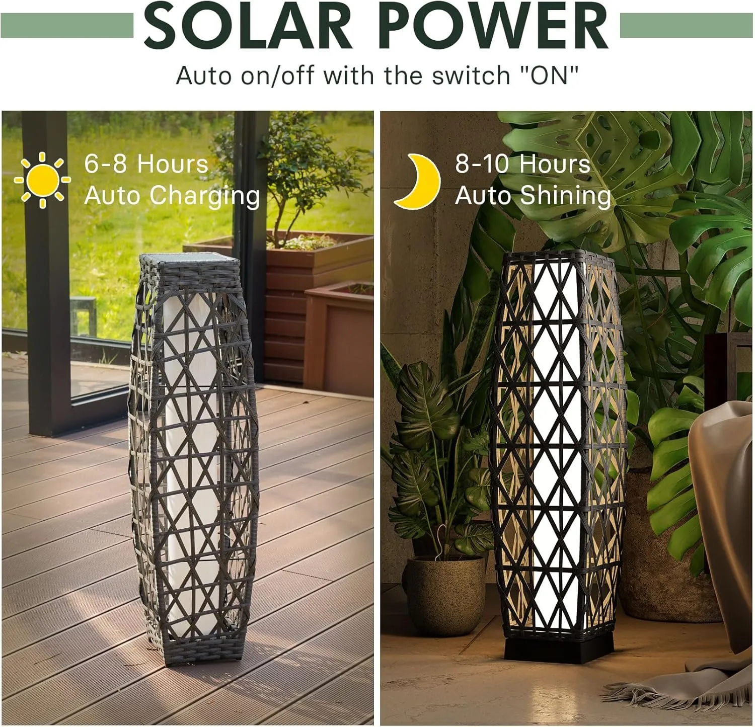 Grand patio 2-Piece Outdoor Solar-Powered Woven Wicker Lantern Floor Lamp Decoration for Deck Garden Lawn Porch - Medium Cindy, Silver Gray