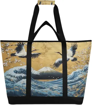 Grus Japonensis Reusable Insulated Lunchbox Cooler Bag, Leakproof Kitchen Grocery Bag Collapsible Portable Cooler Tote Bag for Picnic, Camping, Office, Travel