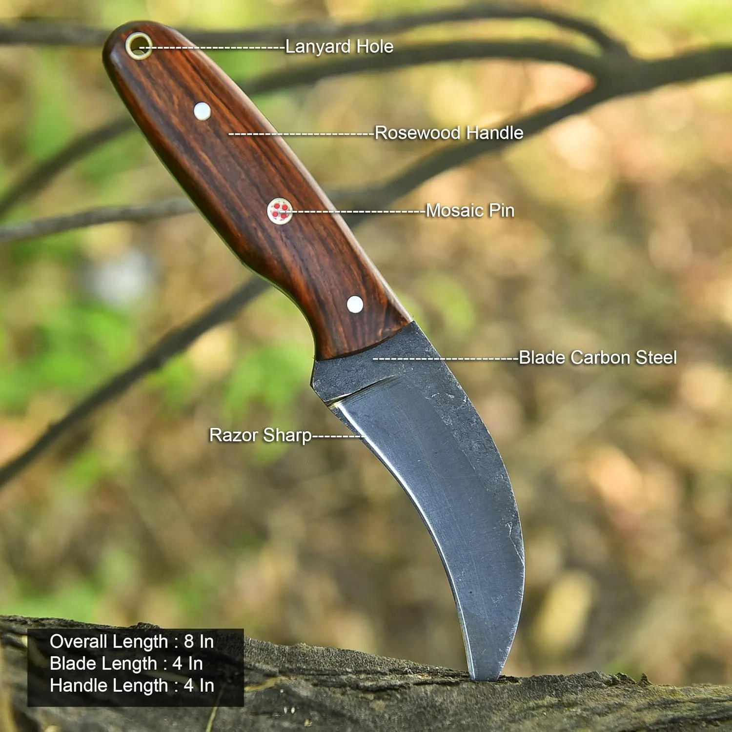 Handmade 1095 high Carbon Steel Lineman Hawkbill knife- Wire Skinnning Knives- With Pancake Leather Sheath- Fixed Blude Knife- electrician knife (Rose Wood)