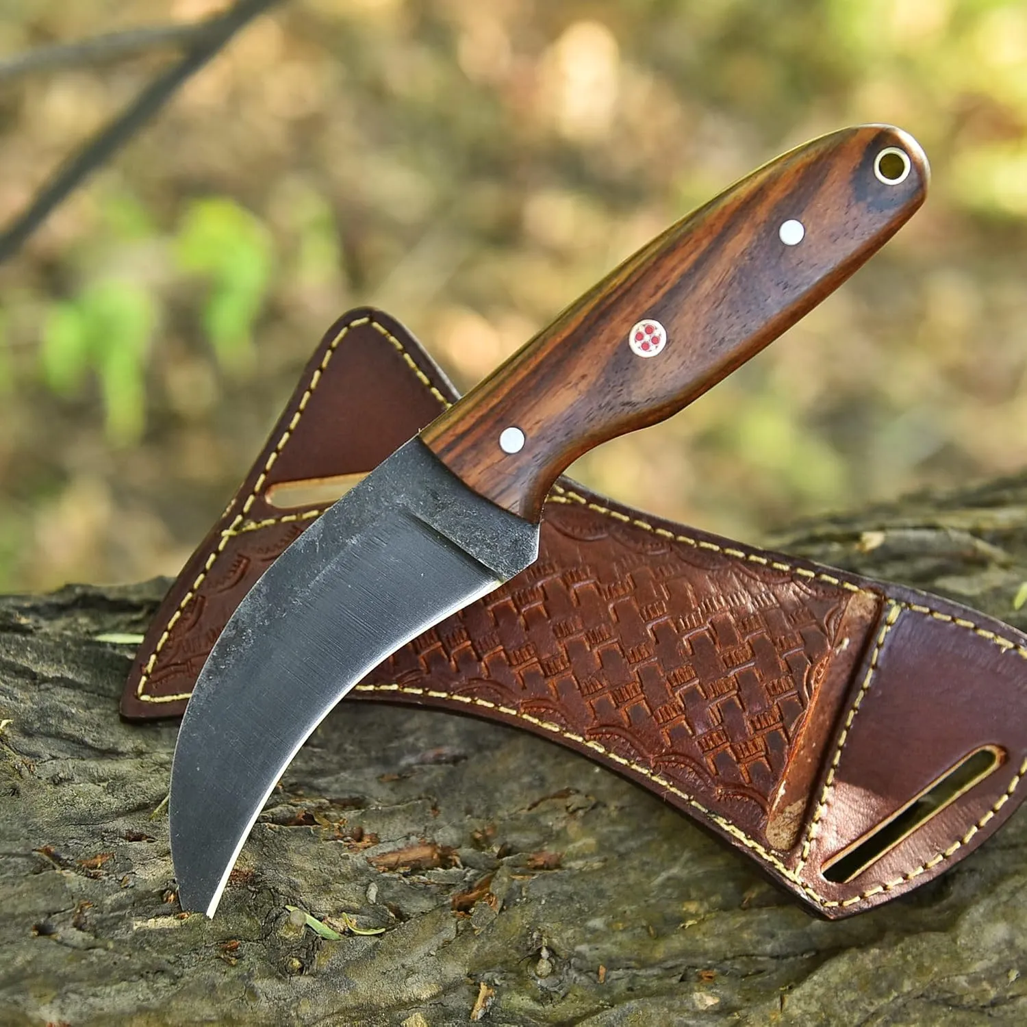 Handmade 1095 high Carbon Steel Lineman Hawkbill knife- Wire Skinnning Knives- With Pancake Leather Sheath- Fixed Blude Knife- electrician knife (Rose Wood)