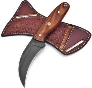 Handmade 1095 high Carbon Steel Lineman Hawkbill knife- Wire Skinnning Knives- With Pancake Leather Sheath- Fixed Blude Knife- electrician knife (Rose Wood)