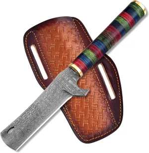 Handmade Damascus Bull Cutter Knife with Pancake Sheath | 8" Fixed Blade Hunting Knives, Full Tang Cowboy, Skinning Knifes for Outdoor Camping