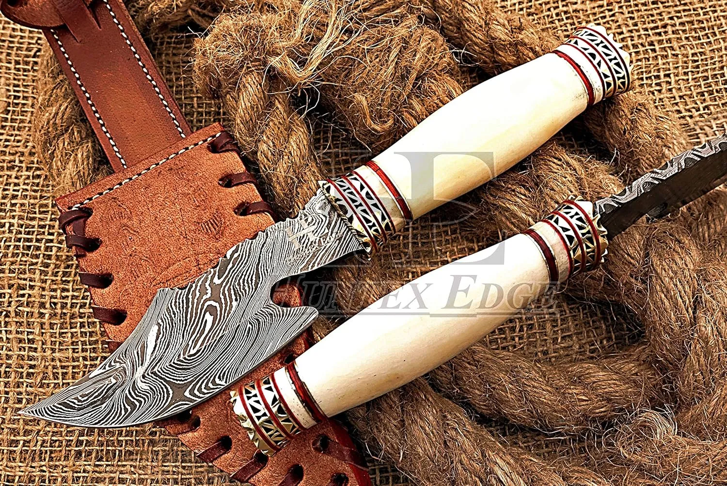 Handmade Damascus Hunting Knife - Walnut Wood Handle-13.25" Fixed Blade Knife with Leather Sheath-Master Quality EDC Survival Knife-Camping Knife Ideal Gift for Men and Women