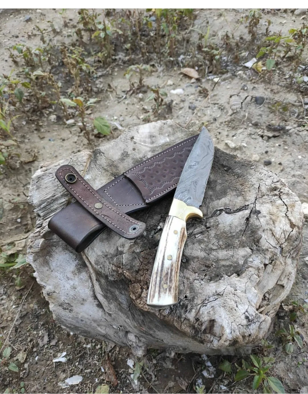 Handmade German Damascus Steel Knife with Antler Handle