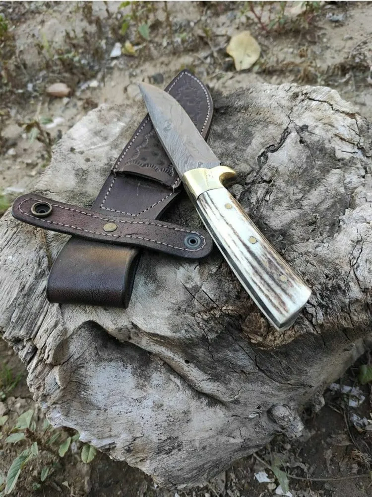 Handmade German Damascus Steel Knife with Antler Handle