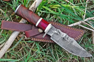 Handmade Hunting Bowie Knife with Leather Sheath Damascus Fixed Blade Knives Outdoor Camping Survival Knifes Fixed Blade Knife for Men