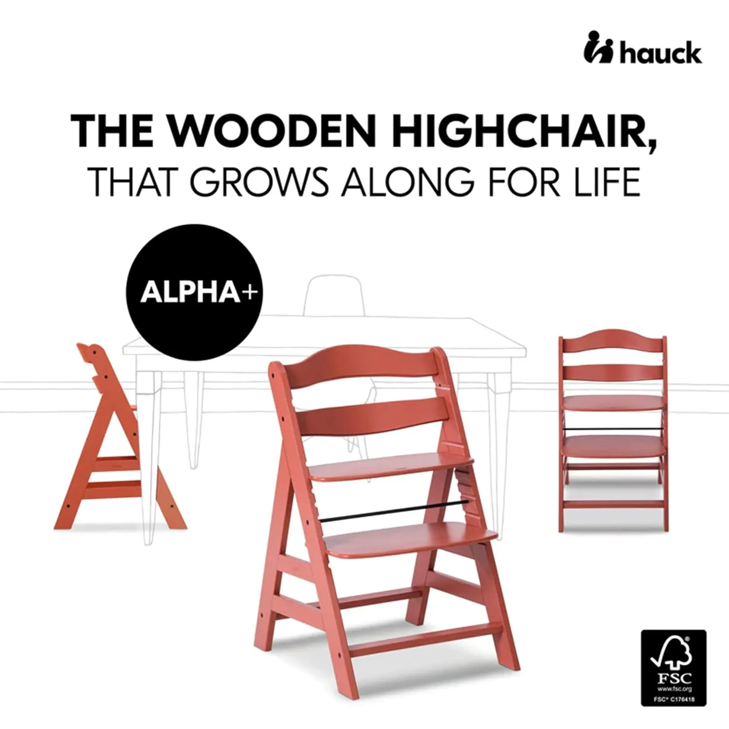 hauck Alpha  High Chair for Children from 6 Months up to 90 kg, Includes Protective Bar, 5-Point Harness and Crotch Strap, Growing with Your Child Made of FSC® Certified Beech Wood (Cork)