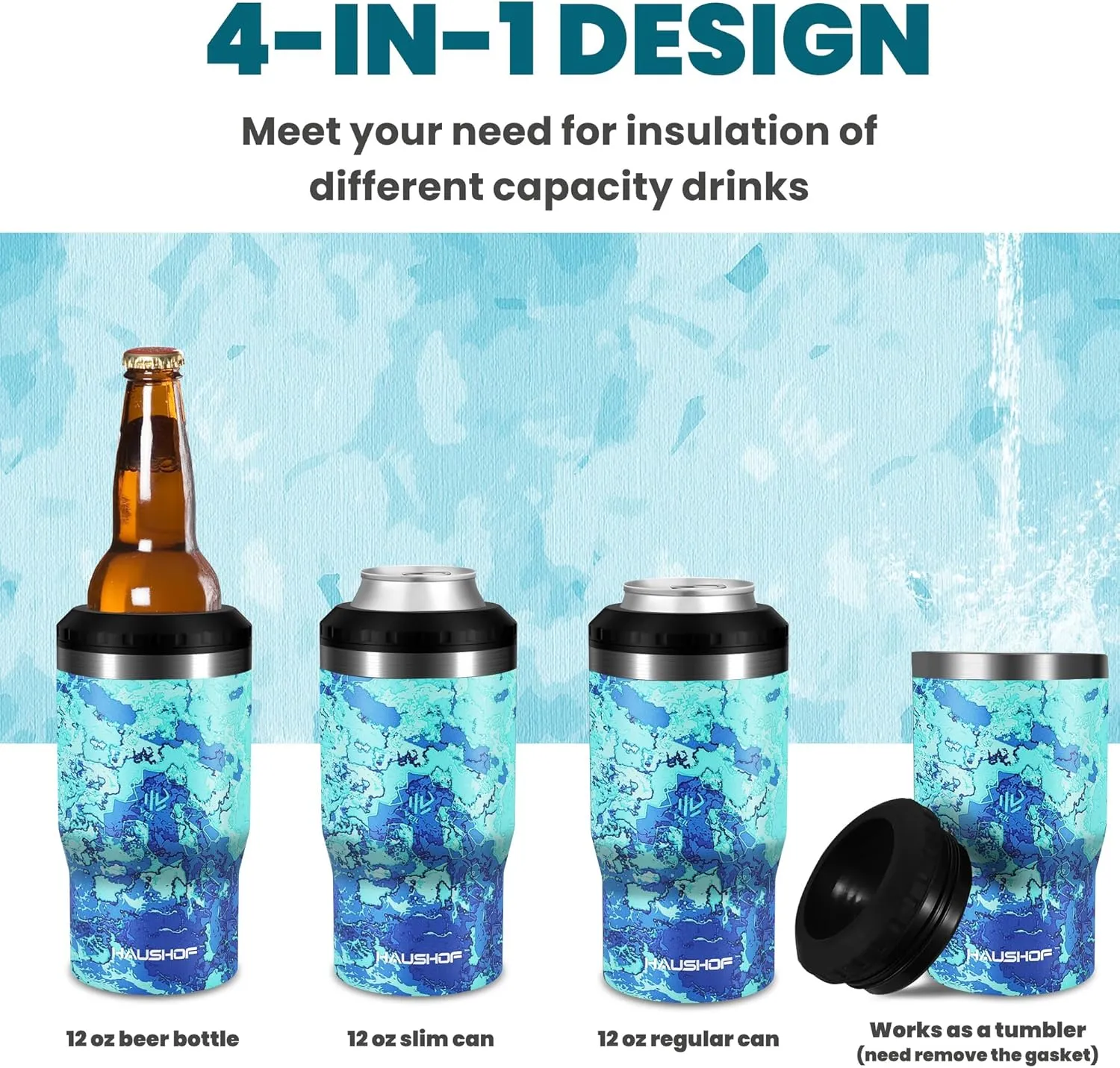 HAUSHOF Can Cooler, 12 oz Slim Can Cooler, 4 in 1 Insulated Beer Can Cooler, Fits for 12 oz Standard Can|12 oz Slim Can|12 oz Beer Bottle, Perfect for Camping, Beach, Picnic