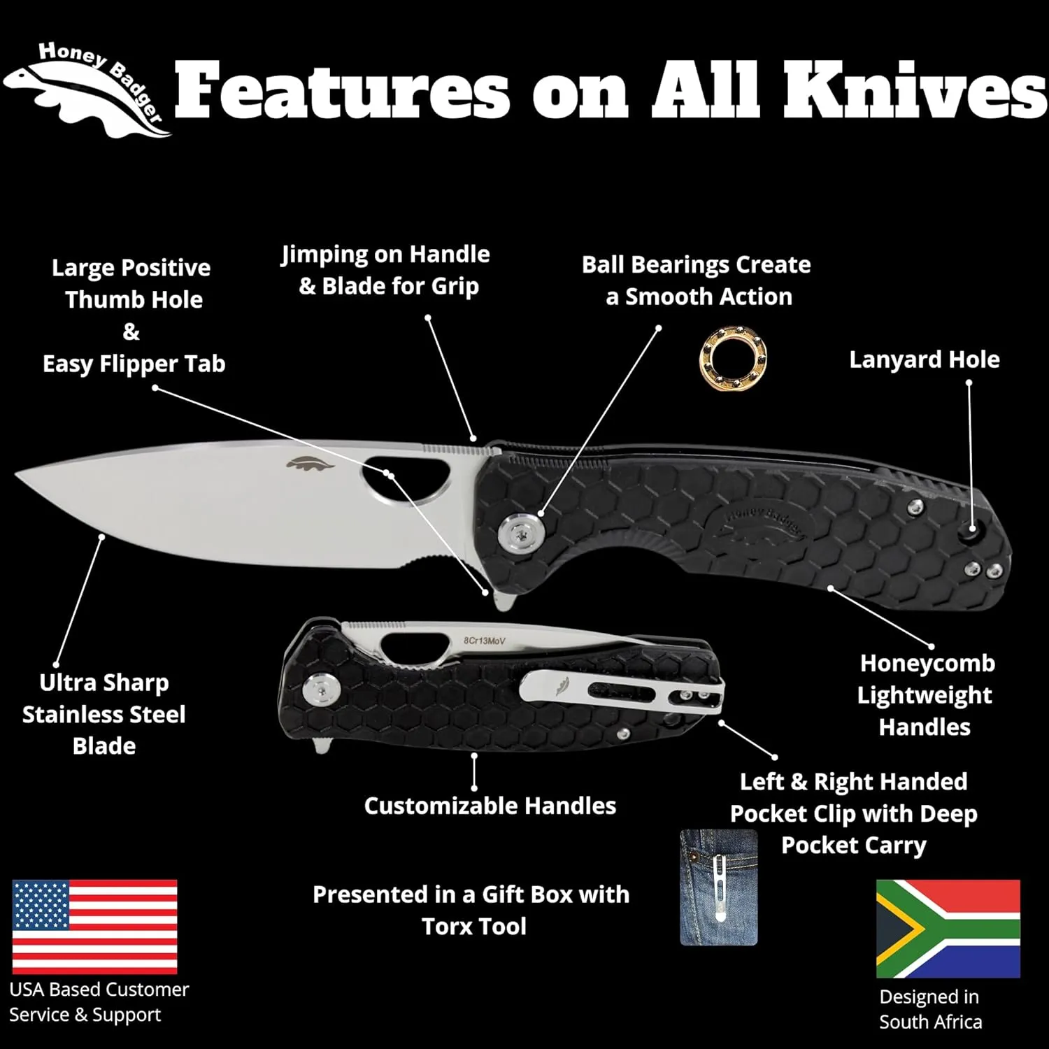 HB1035 Honey Badger Pocket Knife Folding Flipper EDC Deep Pocket Carry for Outdoor Tactical Knife Survival Camping Drop Point Small Orange 8Cr13Mov