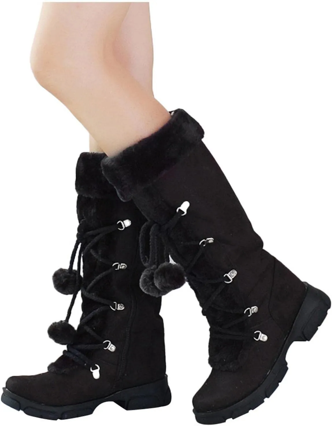 Hbeylia Mid Calf Winter Snow Boots For Women Girls Fashion Plush Fur Lined Suede Lace Up Round Toe Chunky Block Mid Heels Motorcycle Riding Combat Boots Thermal Fleece Lining Fuzzy Dress Tall Boots