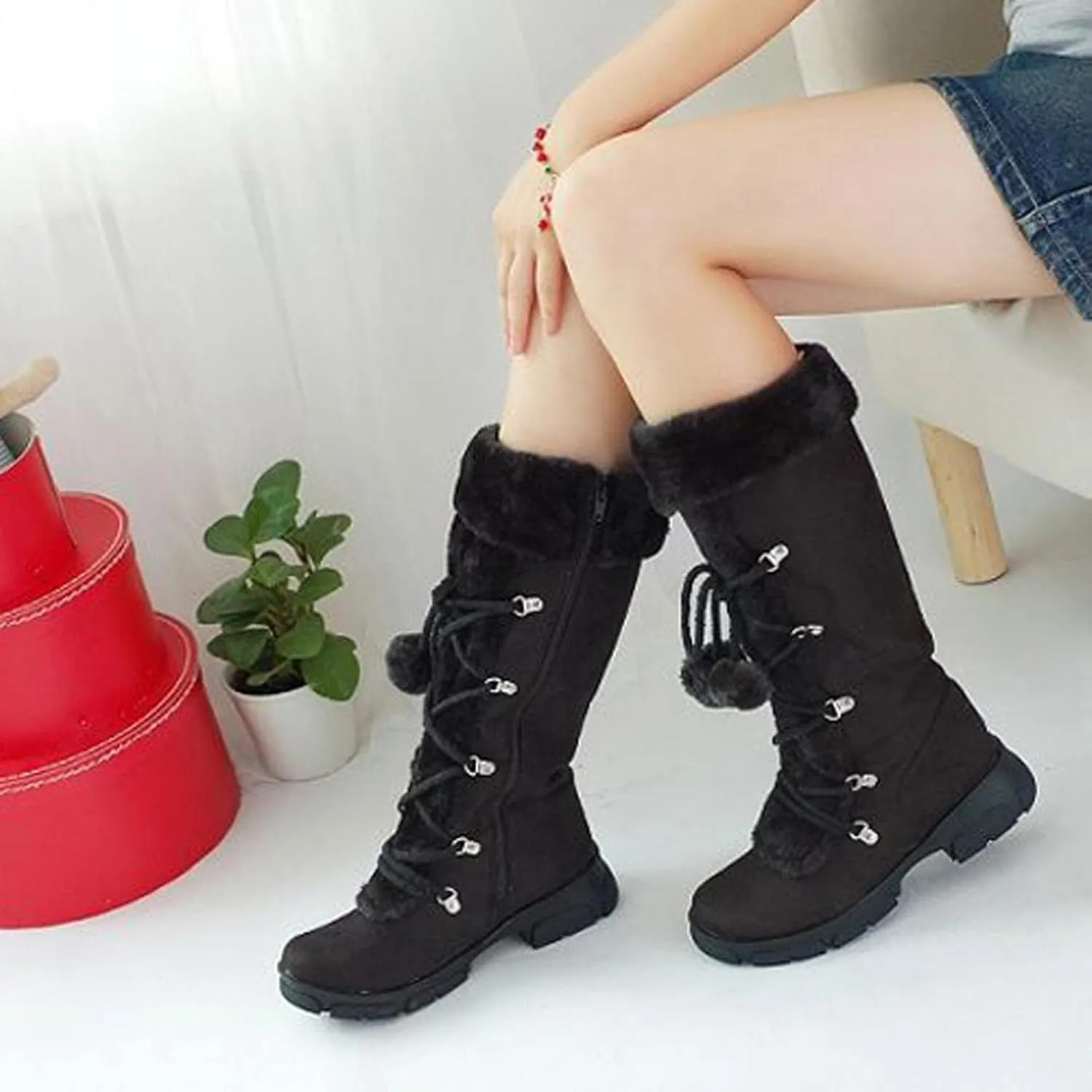 Hbeylia Mid Calf Winter Snow Boots For Women Girls Fashion Plush Fur Lined Suede Lace Up Round Toe Chunky Block Mid Heels Motorcycle Riding Combat Boots Thermal Fleece Lining Fuzzy Dress Tall Boots